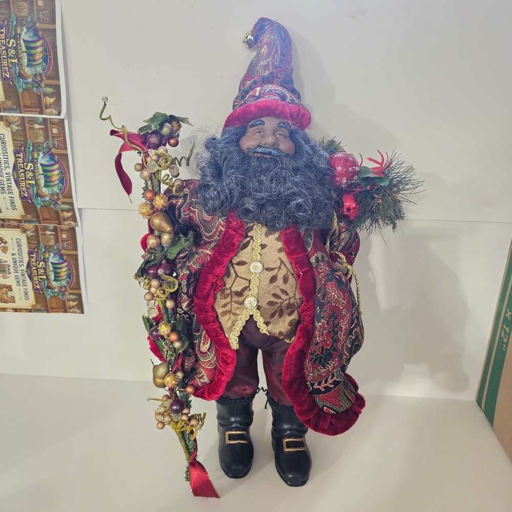 African American Santa Claus Figurine Burgundy Paisley Robe Christmas Decor 18in